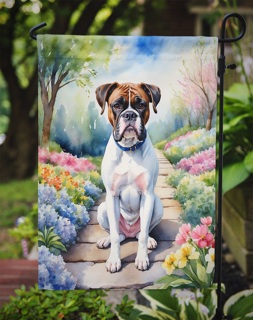 Boxer Spring Path Garden Flag – Dog-Themed Floral Outdoor Decor