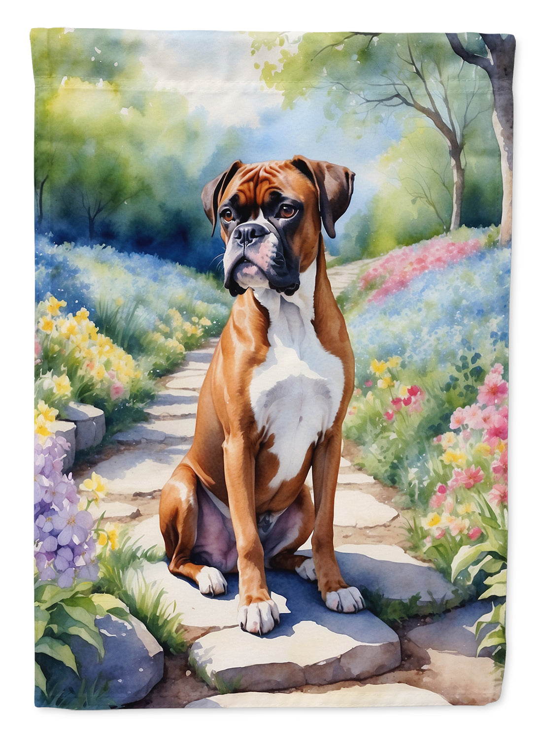 Boxer Spring Path Garden Flag – Dog-Themed Floral Outdoor Decor