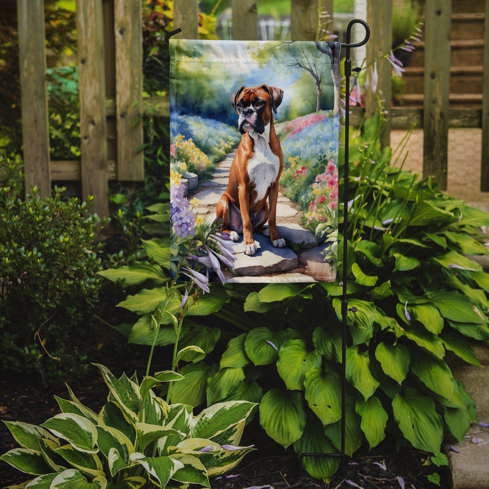 Boxer Spring Path Garden Flag – Dog-Themed Floral Outdoor Decor
