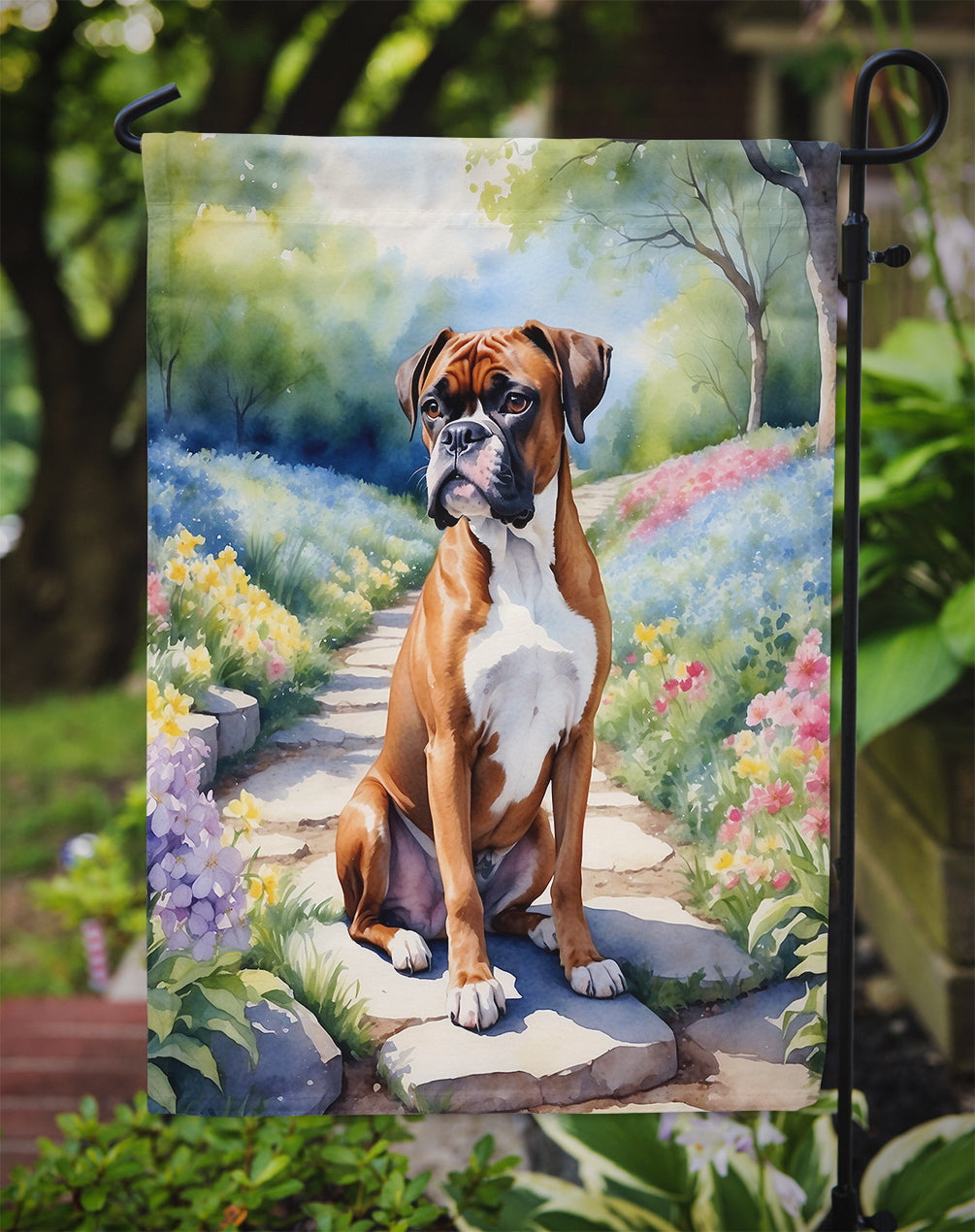 Boxer Spring Path Garden Flag – Dog-Themed Floral Outdoor Decor