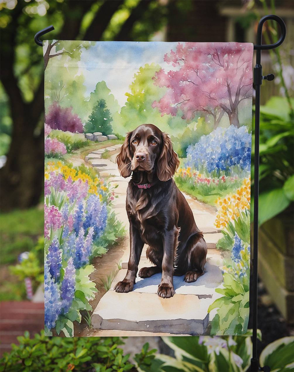 Boykin Spaniel Spring Path Garden Flag – Dog-Themed Floral Outdoor Decor