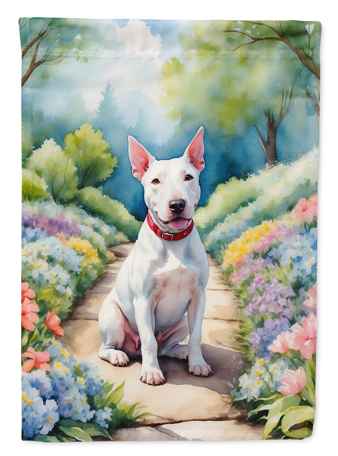 Bull Terrier Spring Path Garden Flag – Dog-Themed Floral Outdoor Decor