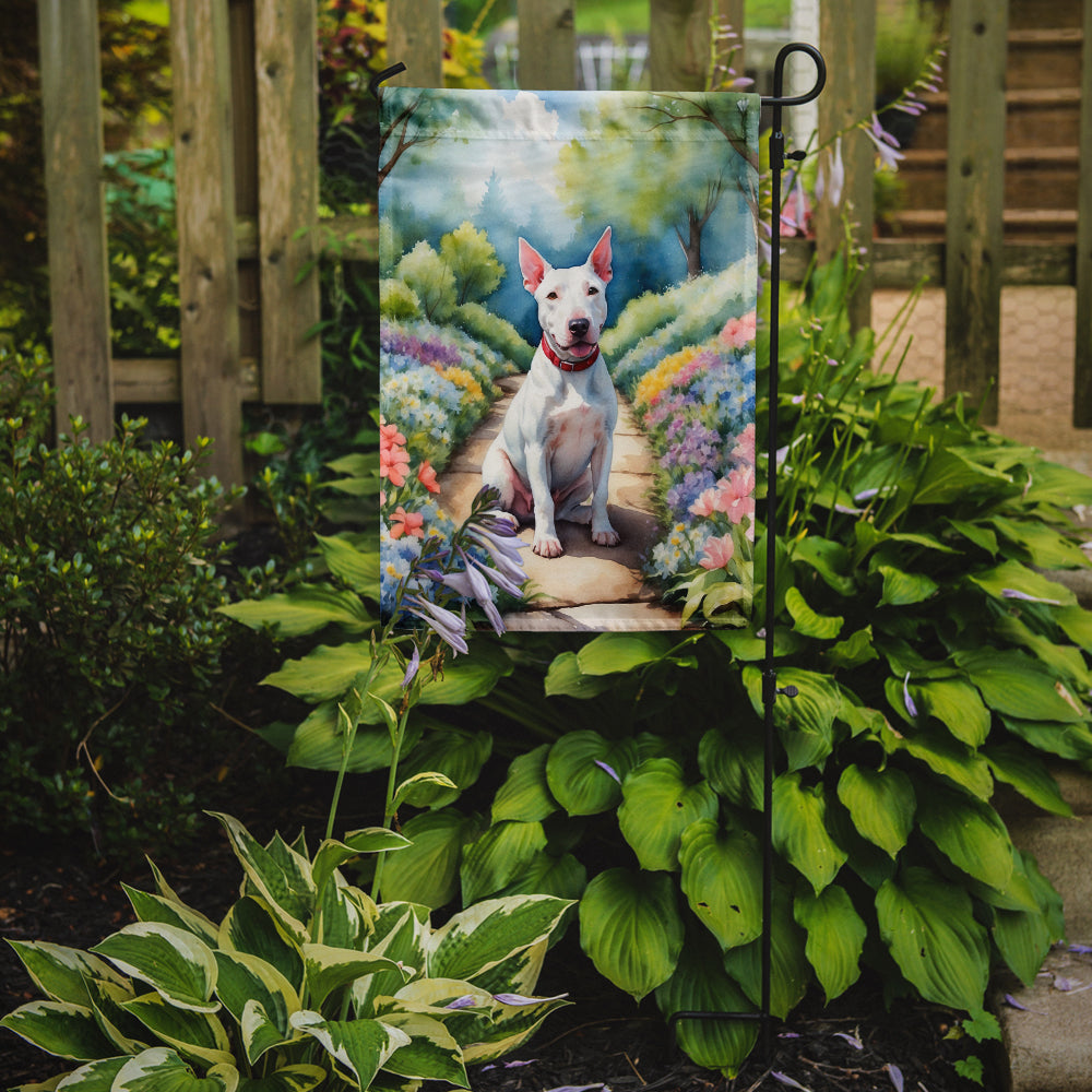 Bull Terrier Spring Path Garden Flag – Dog-Themed Floral Outdoor Decor