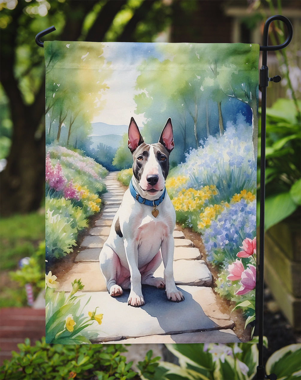 Bull Terrier Spring Path Garden Flag – Dog-Themed Floral Outdoor Decor