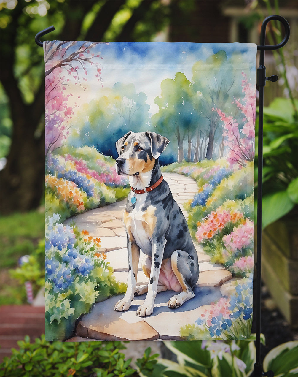 Catahoula Spring Path Garden Flag  – Dog-Themed Floral Outdoor Decor