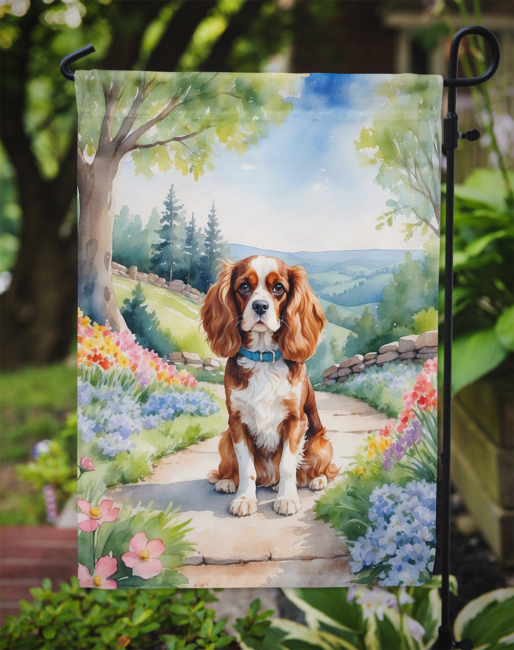 Cavalier Spaniel Spring Path Garden Flag  – Dog-Themed Floral Outdoor Decor