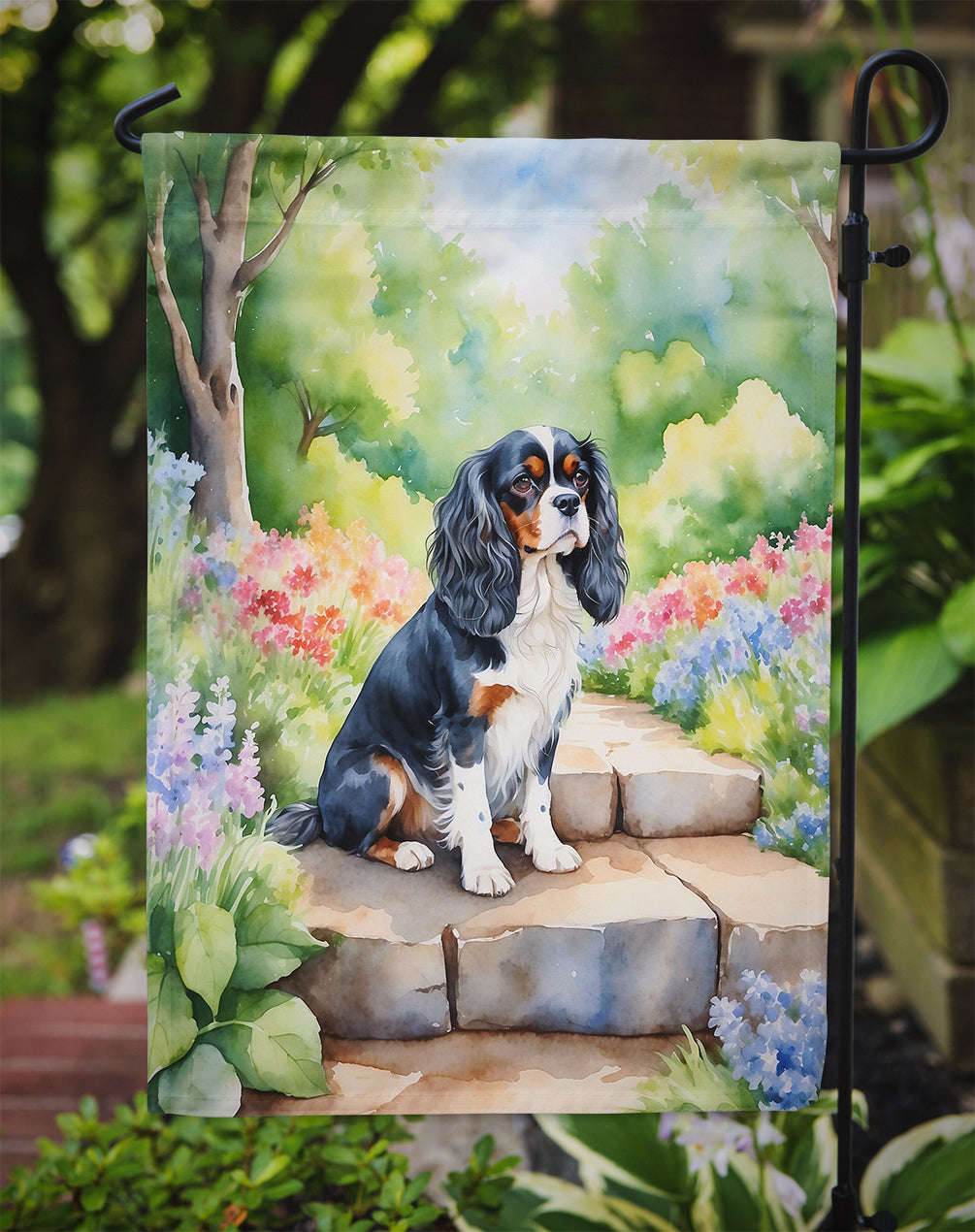 Cavalier Spaniel Spring Path Garden Flag  – Dog-Themed Floral Outdoor Decor