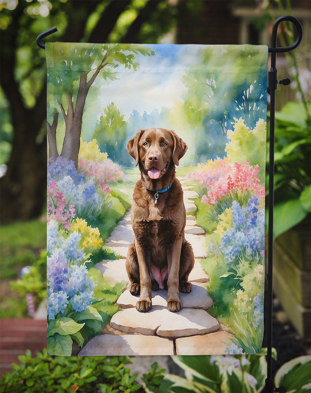 Chesapeake Bay Retriever Spring Path Garden Flag  – Dog-Themed Floral Outdoor Decor