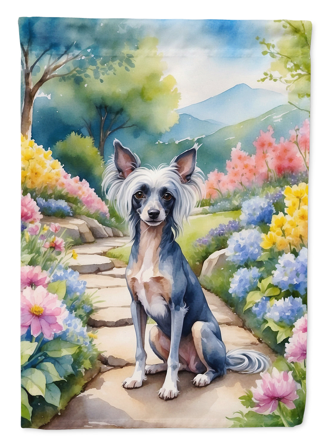 Chinese Crested Spring Path Garden Flag  – Dog-Themed Floral Outdoor Decor