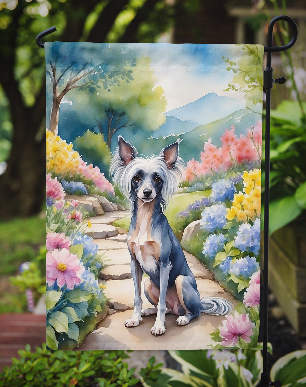 Chinese Crested Spring Path Garden Flag  – Dog-Themed Floral Outdoor Decor