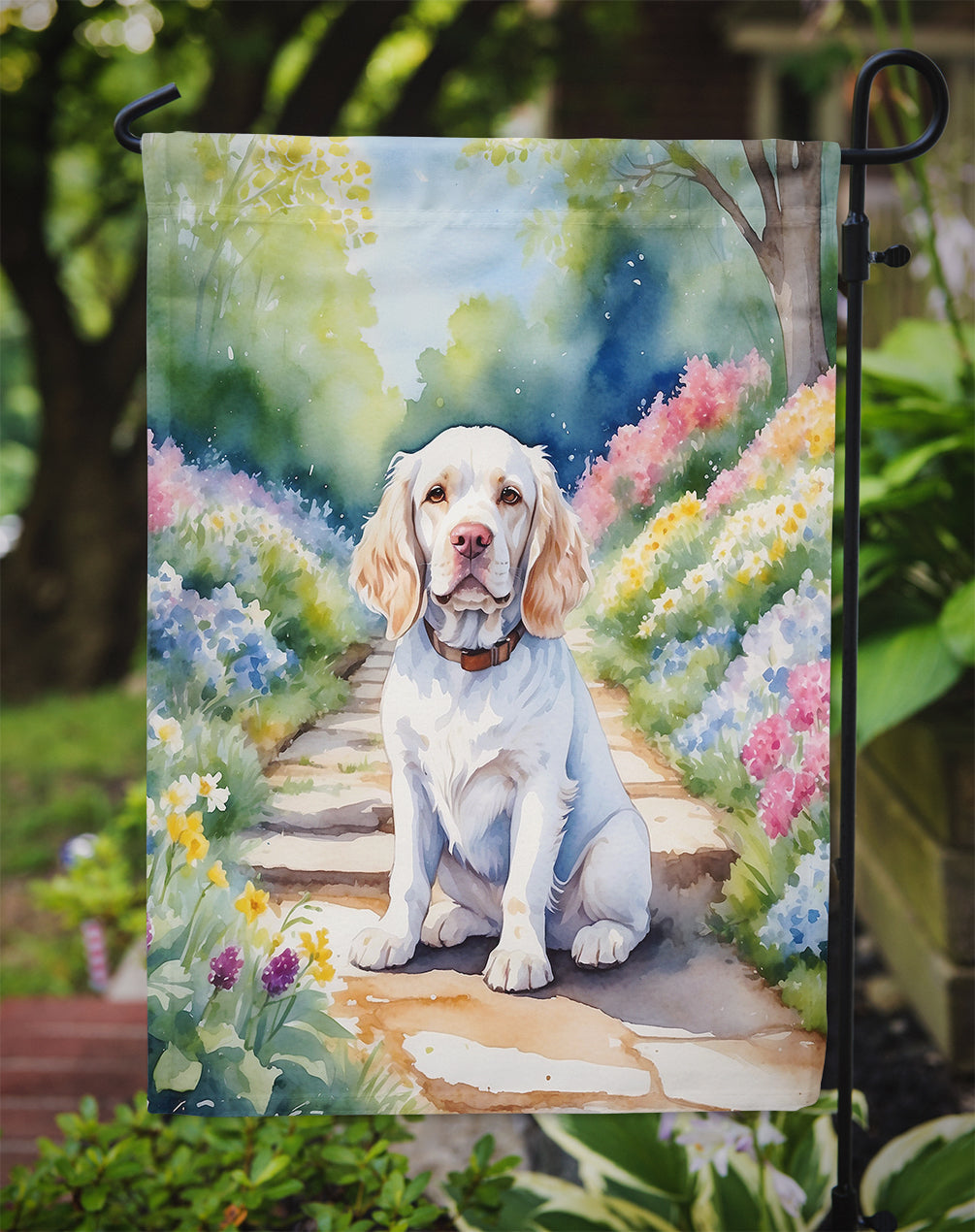 Clumber Spaniel Spring Path Garden Flag  – Dog-Themed Floral Outdoor Decor