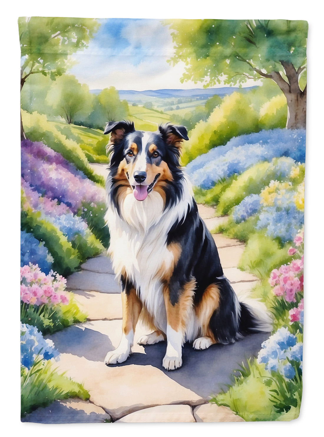 Collie Spring Path Garden Flag  – Dog-Themed Floral Outdoor Decor