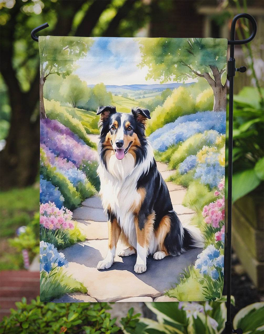 Collie Spring Path Garden Flag  – Dog-Themed Floral Outdoor Decor