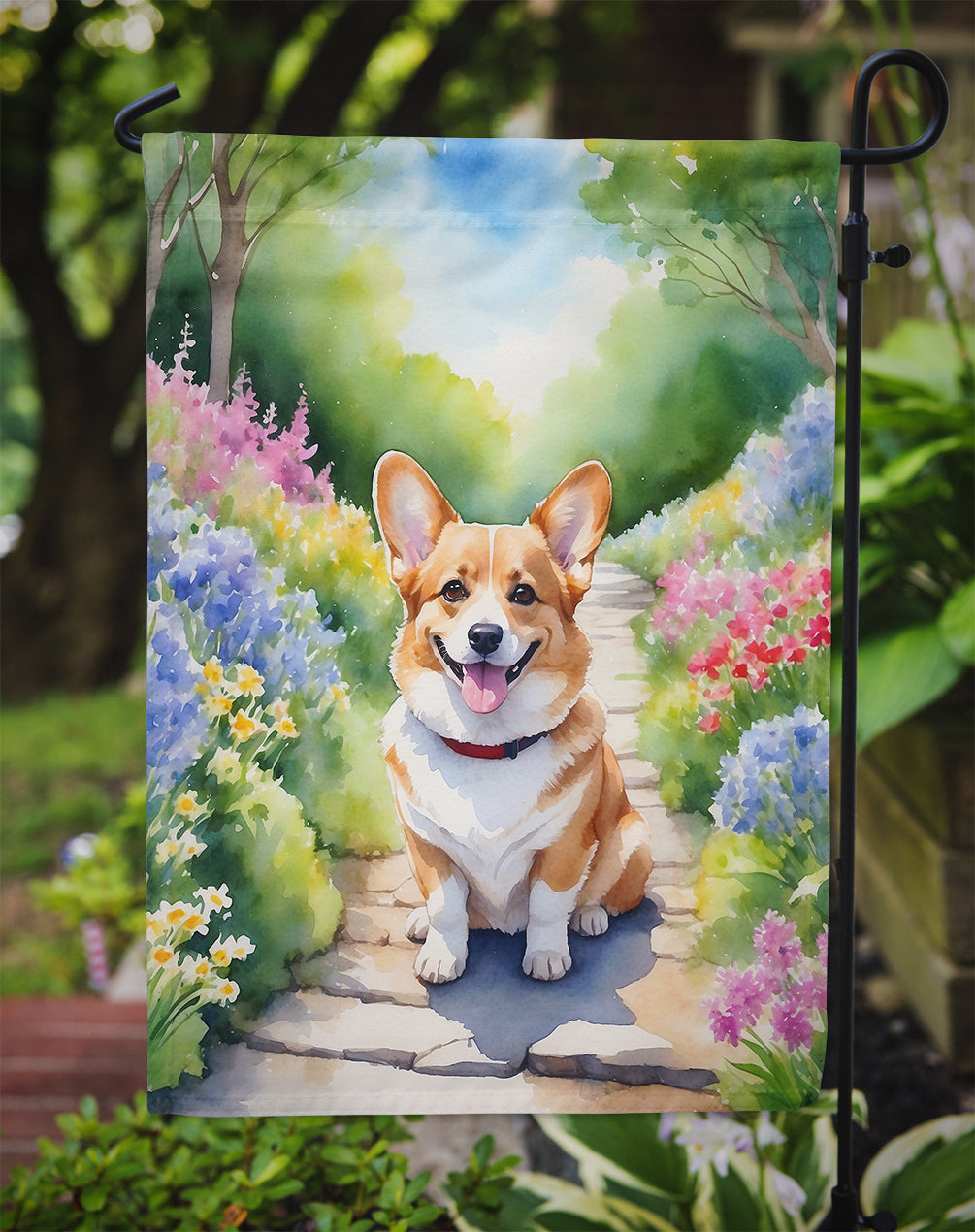Corgi Spring Path Garden Flag  – Dog-Themed Floral Outdoor Decor