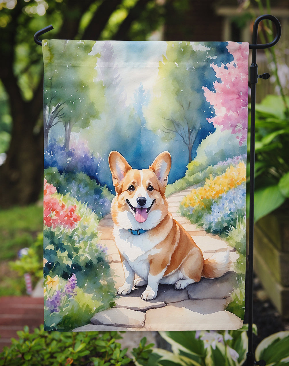 Corgi Spring Path Garden Flag  – Dog-Themed Floral Outdoor Decor