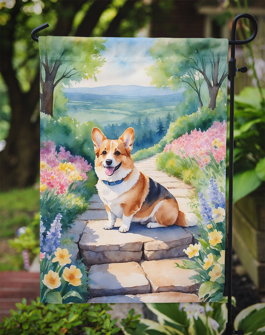 Corgi Spring Path Garden Flag  – Dog-Themed Floral Outdoor Decor