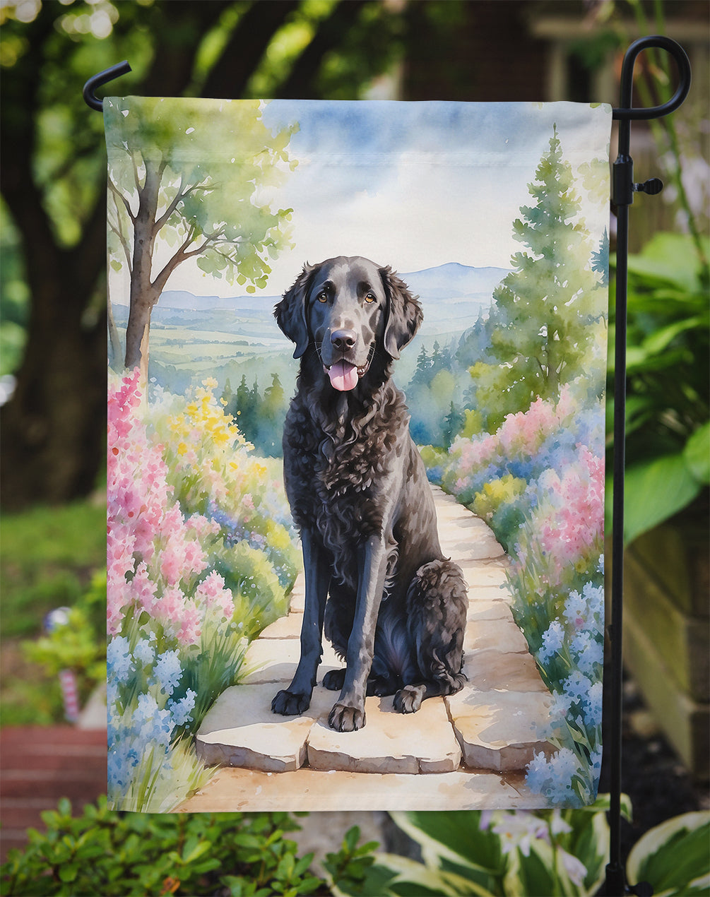 Curly-Coated Retriever Spring Path Garden Flag  – Dog-Themed Floral Outdoor Decor