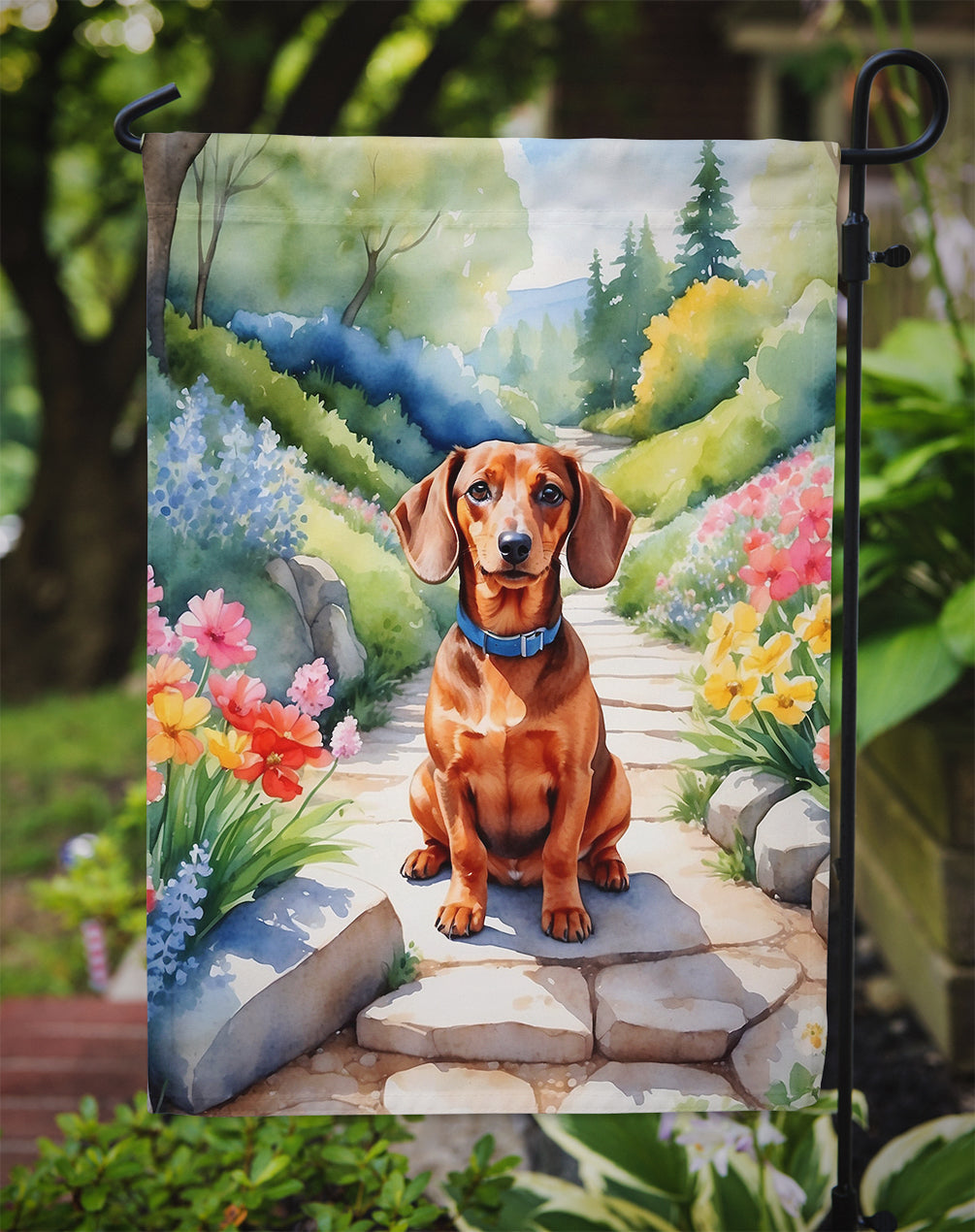 Dachshund Spring Path Garden Flag  – Dog-Themed Floral Outdoor Decor