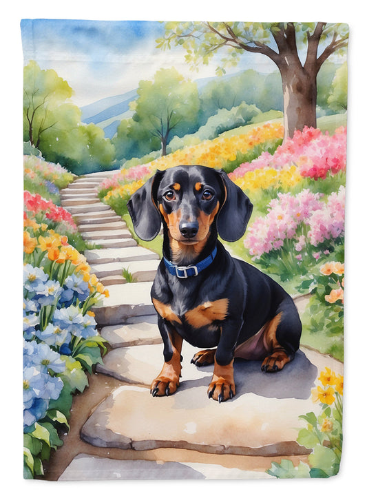 Dachshund Spring Path Garden Flag  – Dog-Themed Floral Outdoor Decor