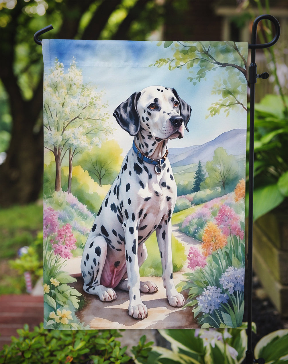 Dalmatian Spring Path Garden Flag  – Dog-Themed Floral Outdoor Decor