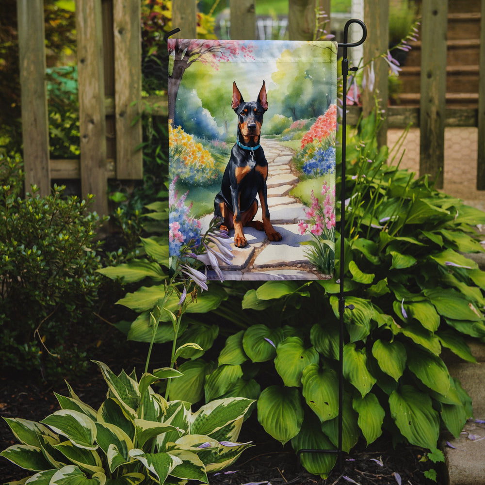 Doberman Pinscher Spring Path Garden Flag  – Dog-Themed Floral Outdoor Decor