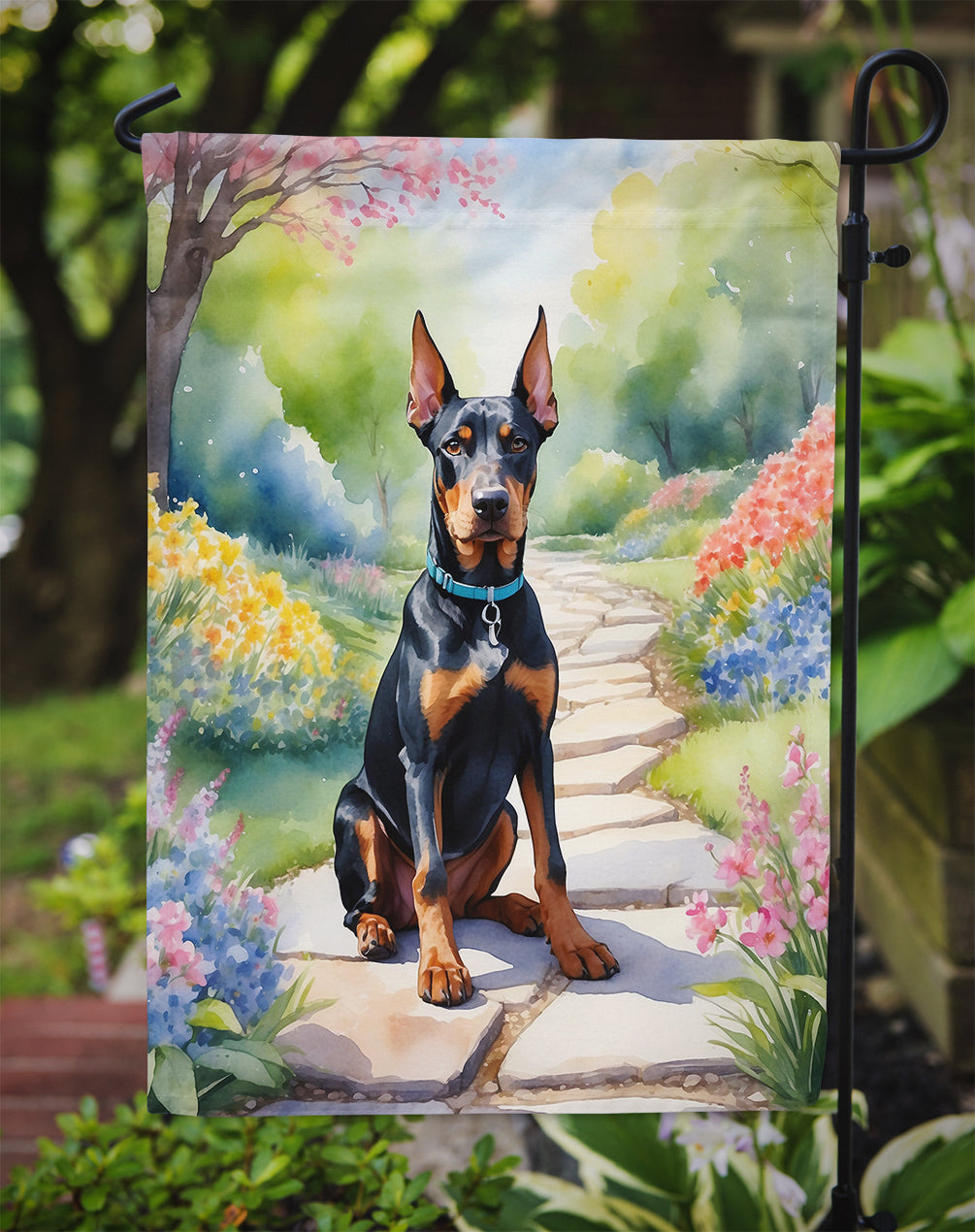 Doberman Pinscher Spring Path Garden Flag  – Dog-Themed Floral Outdoor Decor