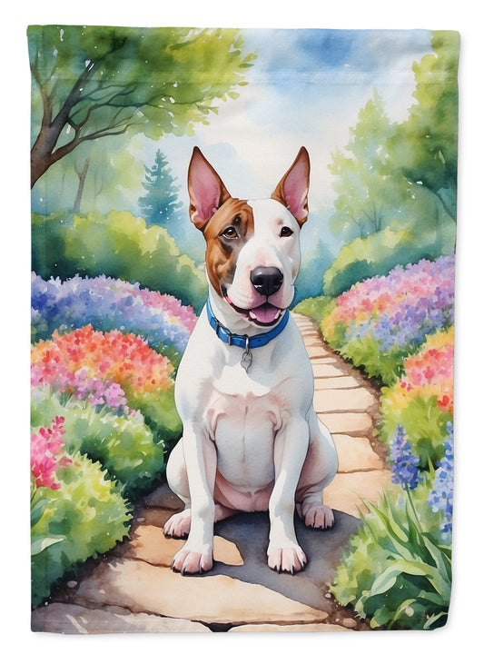 English Bull Terrier Spring Path Garden Flag  – Dog-Themed Floral Outdoor Decor