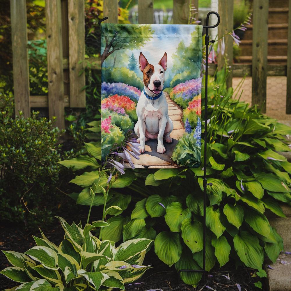 English Bull Terrier Spring Path Garden Flag  – Dog-Themed Floral Outdoor Decor