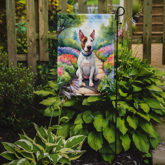 English Bull Terrier Spring Path Garden Flag  – Dog-Themed Floral Outdoor Decor