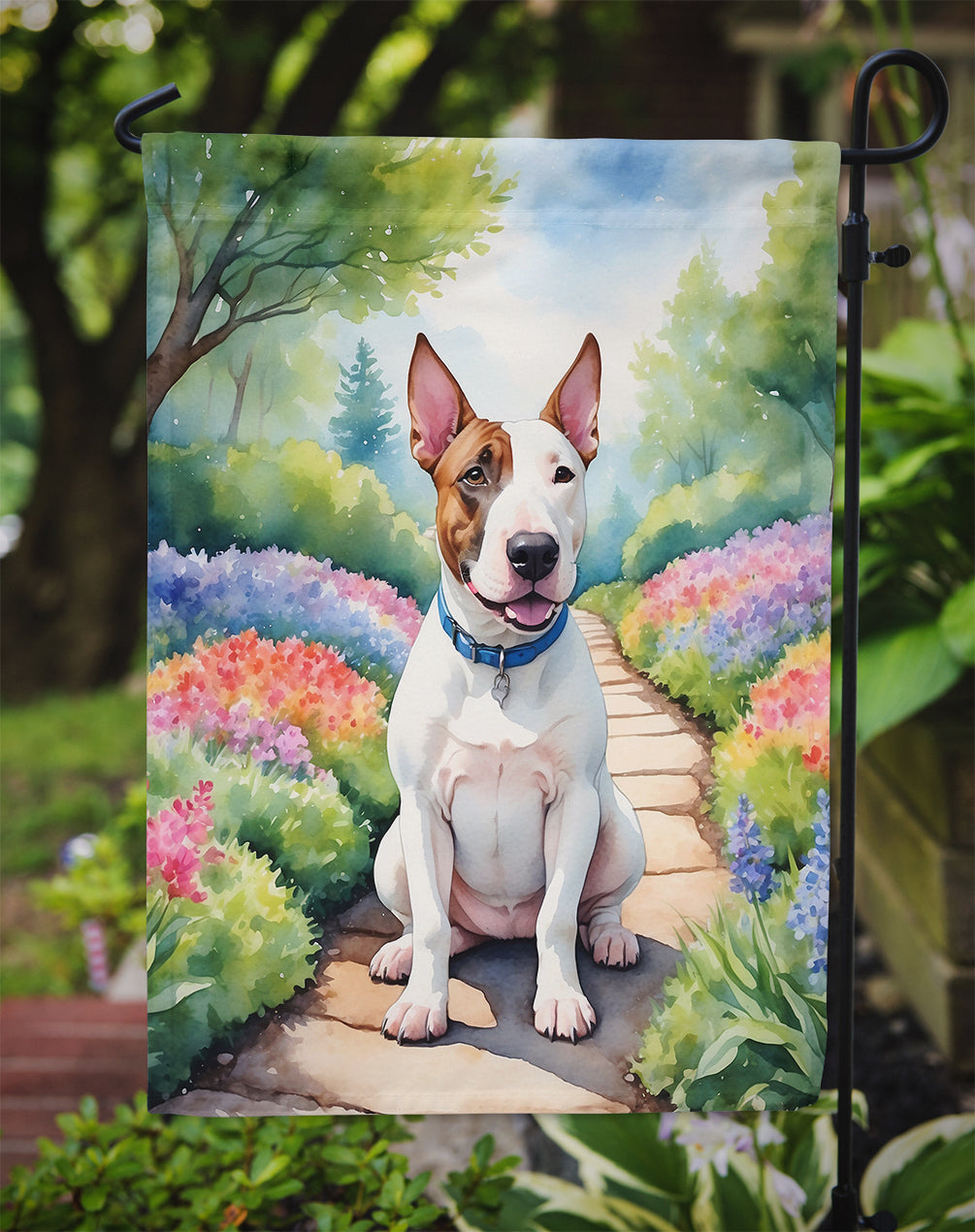 English Bull Terrier Spring Path Garden Flag  – Dog-Themed Floral Outdoor Decor