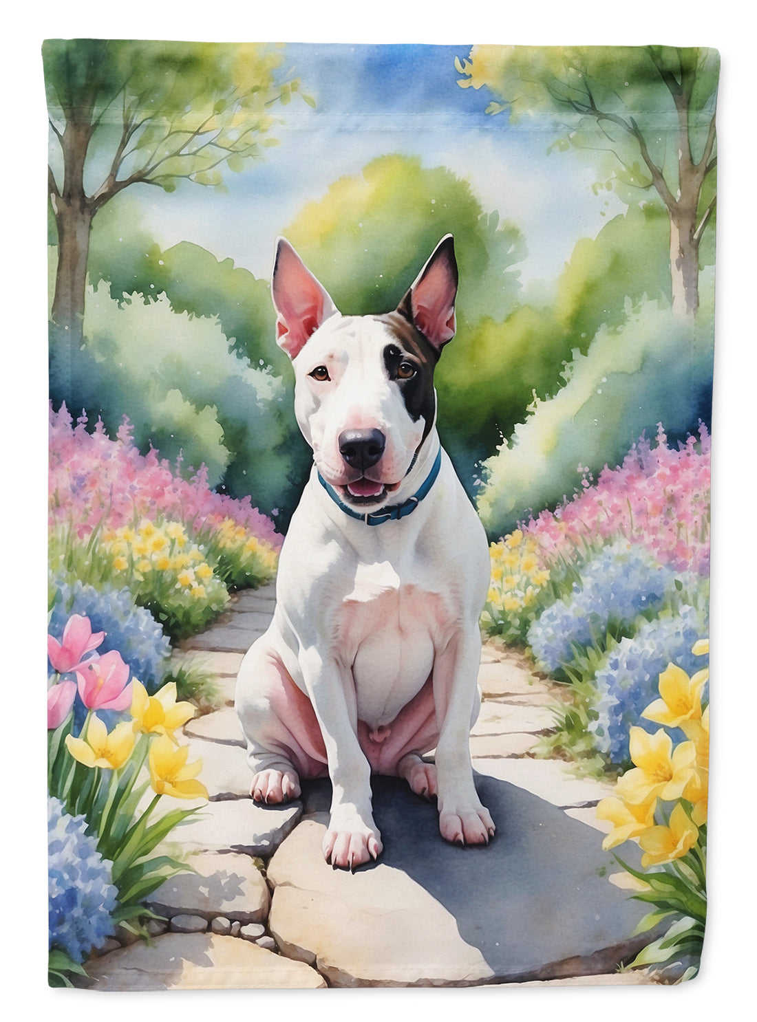 English Bull Terrier Spring Path Garden Flag  – Dog-Themed Floral Outdoor Decor