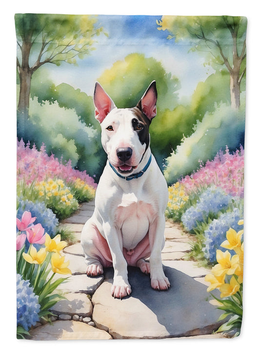English Bull Terrier Spring Path Garden Flag  – Dog-Themed Floral Outdoor Decor