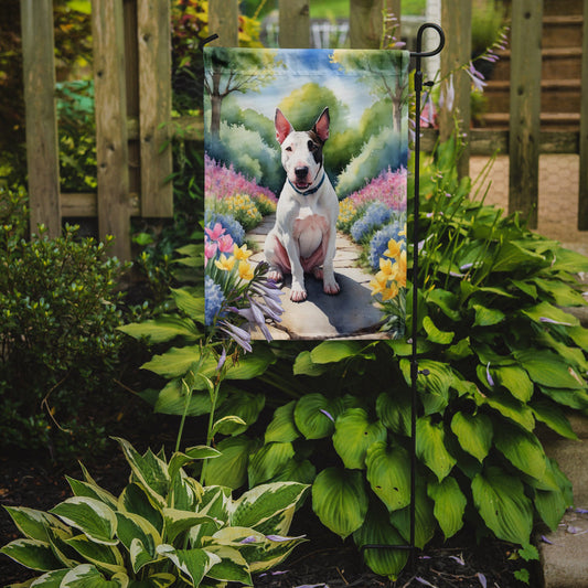 English Bull Terrier Spring Path Garden Flag  – Dog-Themed Floral Outdoor Decor