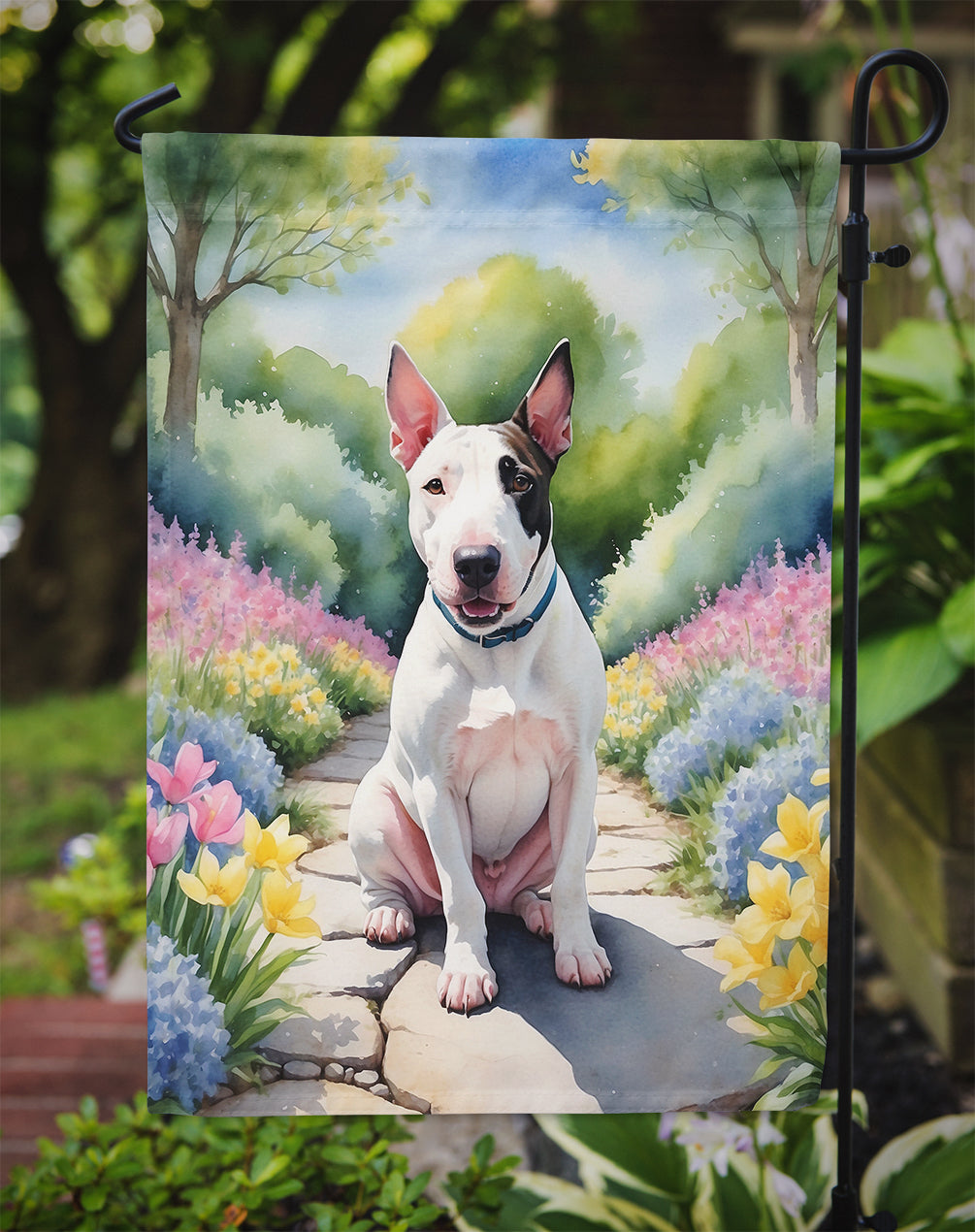 English Bull Terrier Spring Path Garden Flag  – Dog-Themed Floral Outdoor Decor