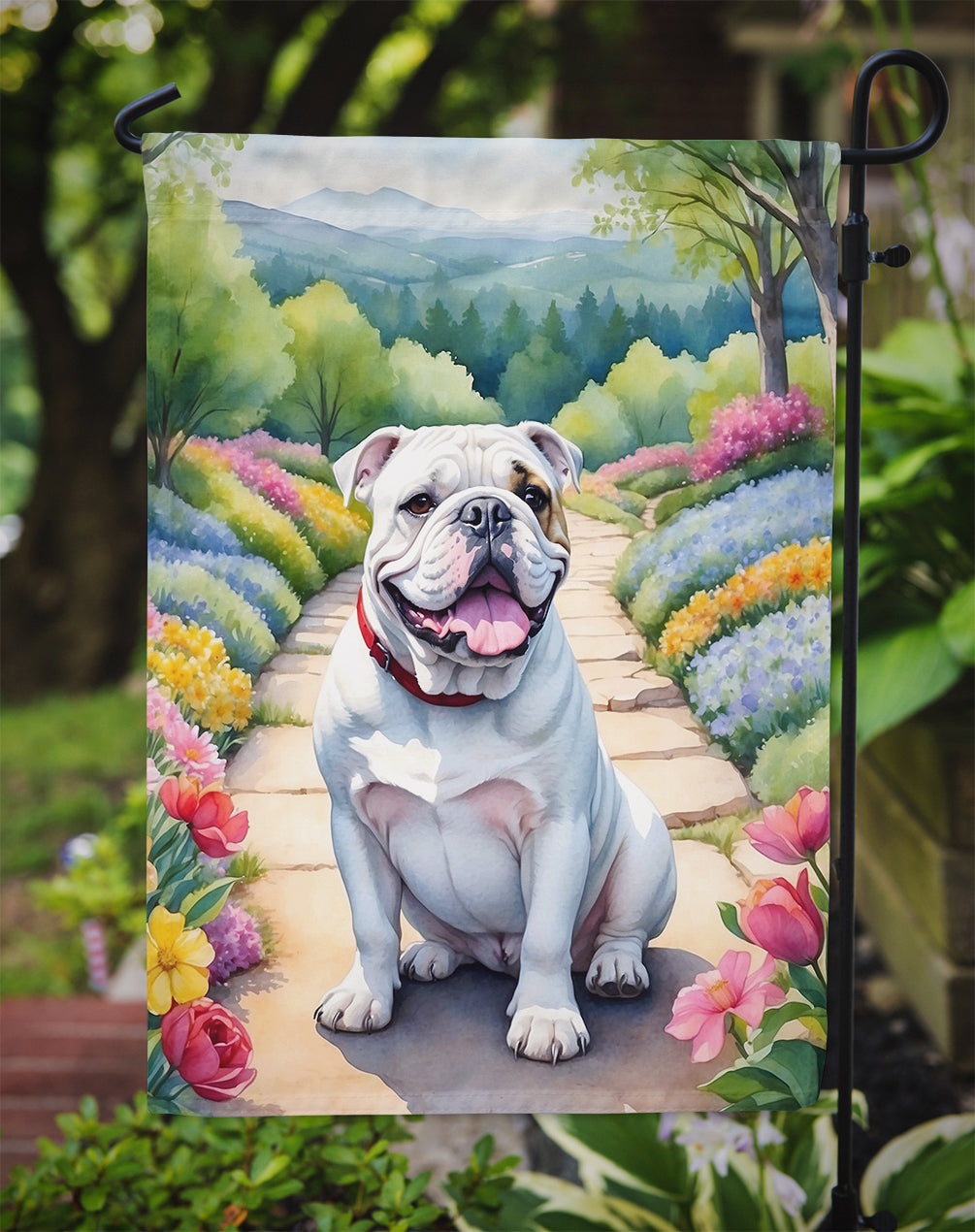 English Bulldog Spring Path Garden Flag  – Dog-Themed Floral Outdoor Decor