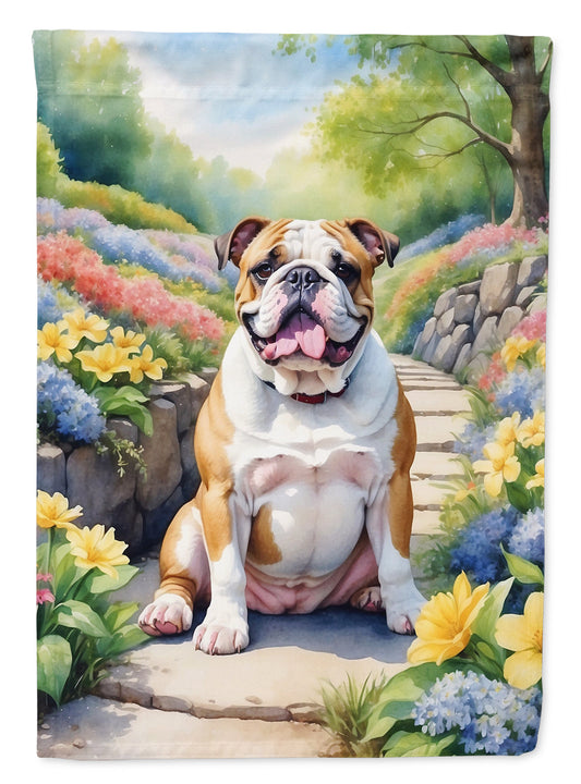 English Bulldog Spring Path Garden Flag  – Dog-Themed Floral Outdoor Decor