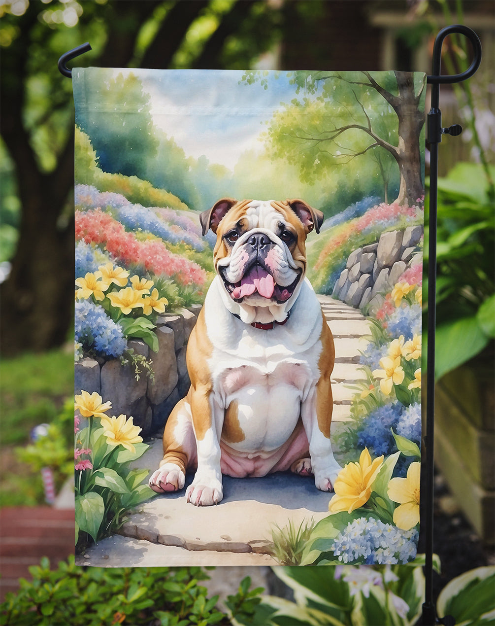 English Bulldog Spring Path Garden Flag  – Dog-Themed Floral Outdoor Decor