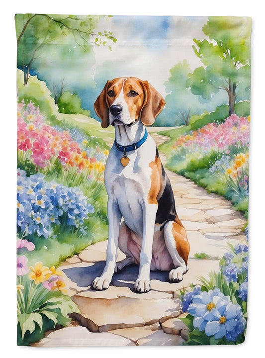 English Foxhound Spring Path Garden Flag  – Dog-Themed Floral Outdoor Decor