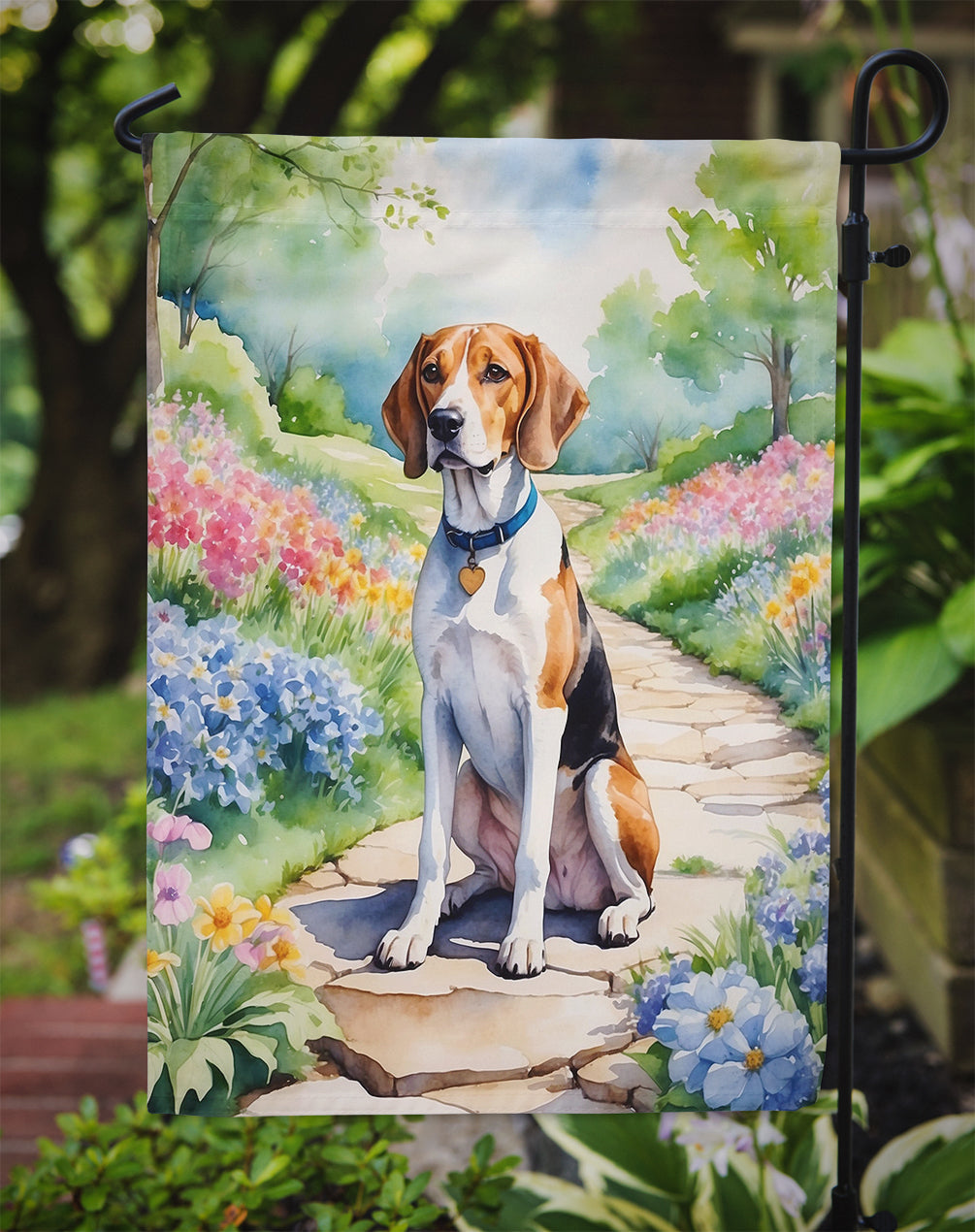 English Foxhound Spring Path Garden Flag  – Dog-Themed Floral Outdoor Decor