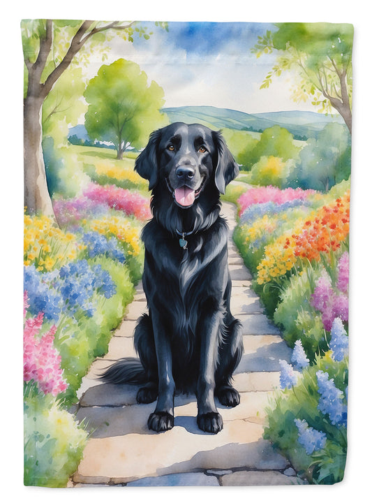 Flat-Coated Retriever Spring Path Garden Flag  – Dog-Themed Floral Outdoor Decor