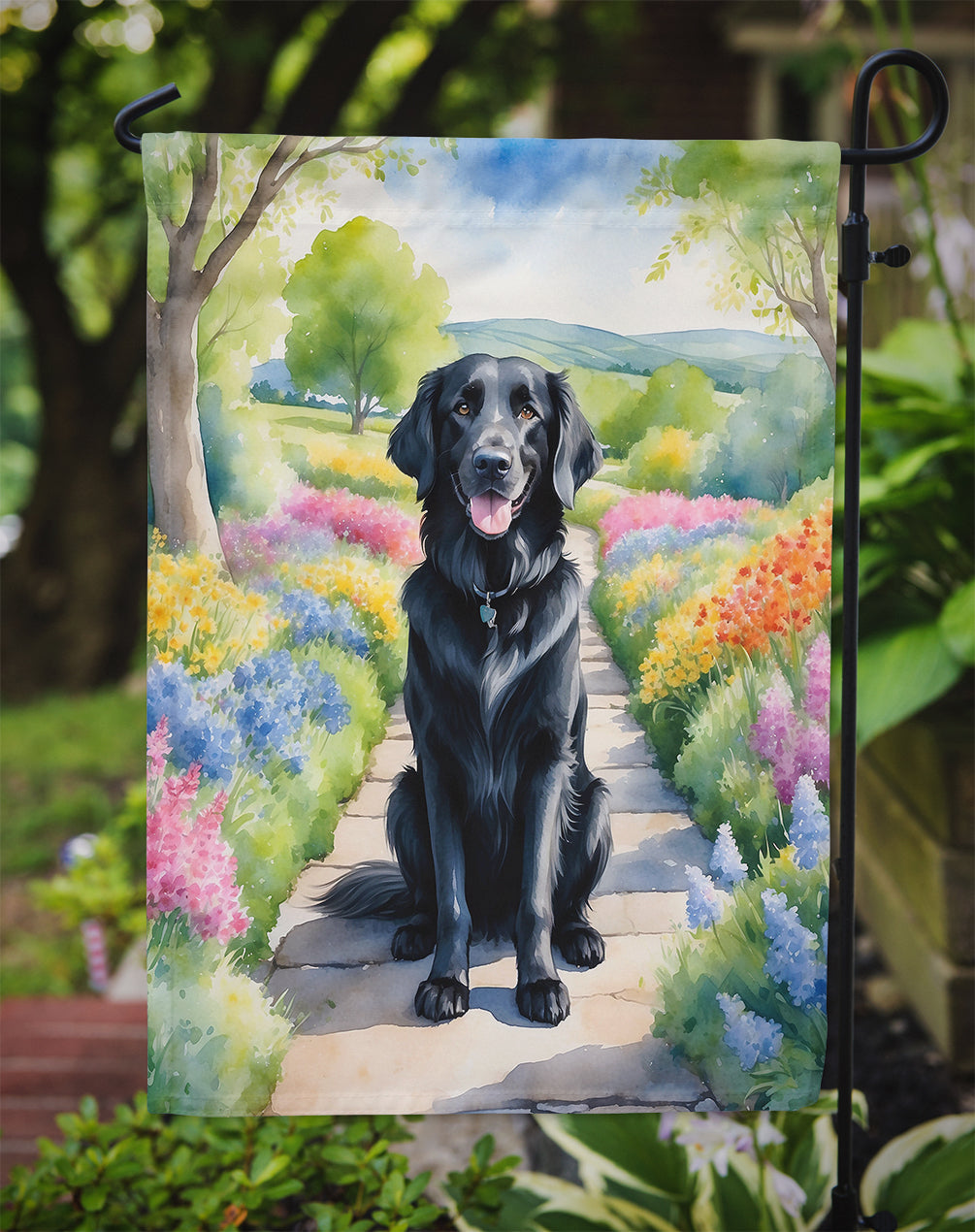 Flat-Coated Retriever Spring Path Garden Flag  – Dog-Themed Floral Outdoor Decor