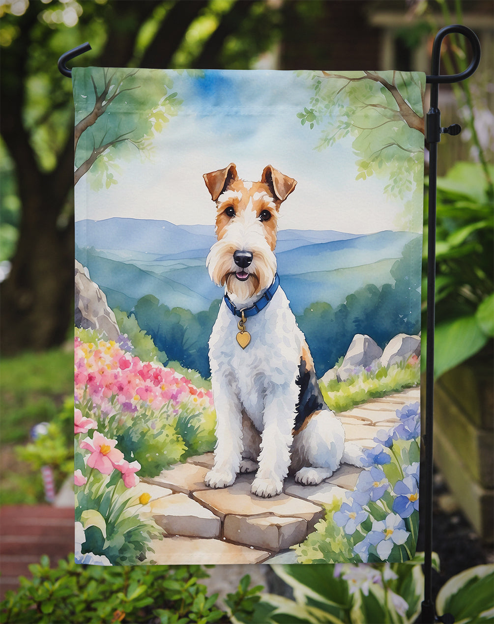 Fox Terrier Spring Path Garden Flag  – Dog-Themed Floral Outdoor Decor