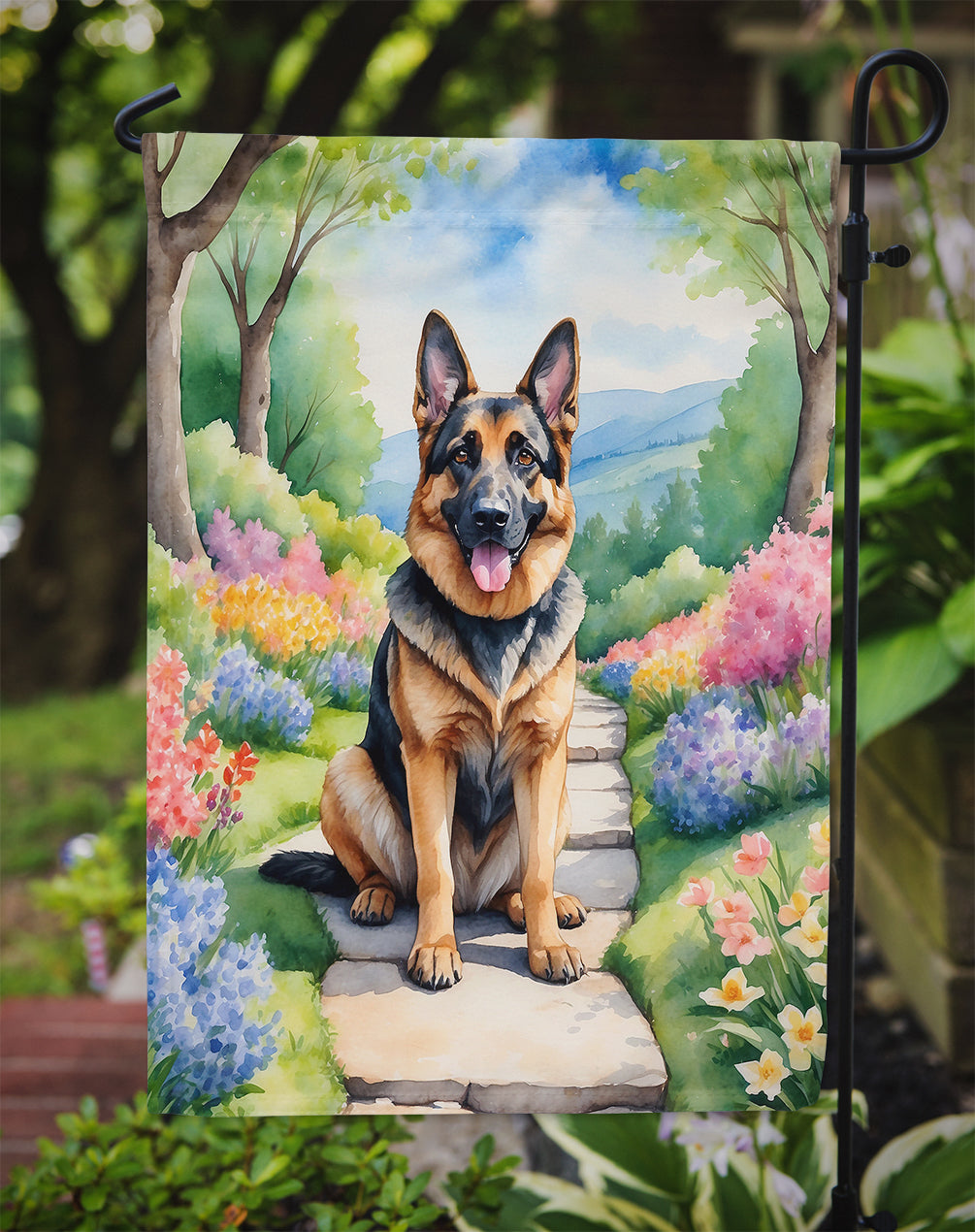 German Shepherd Spring Path Garden Flag  – Dog-Themed Floral Outdoor Decor