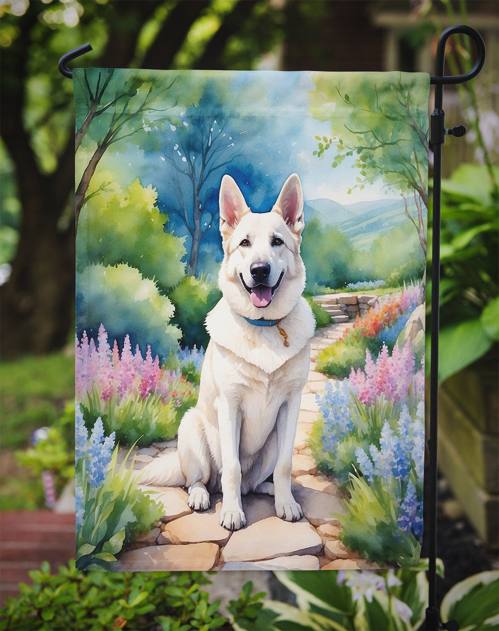 German Shepherd Spring Path Garden Flag  – Dog-Themed Floral Outdoor Decor