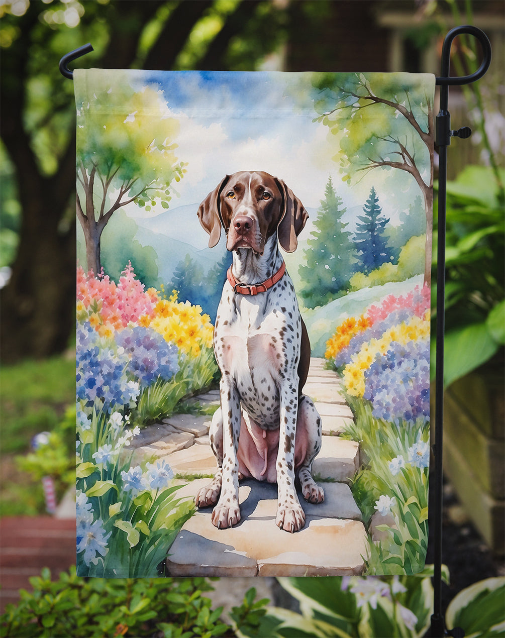 German Shorthaired Pointer Spring Path Garden Flag  – Dog-Themed Floral Outdoor Decor