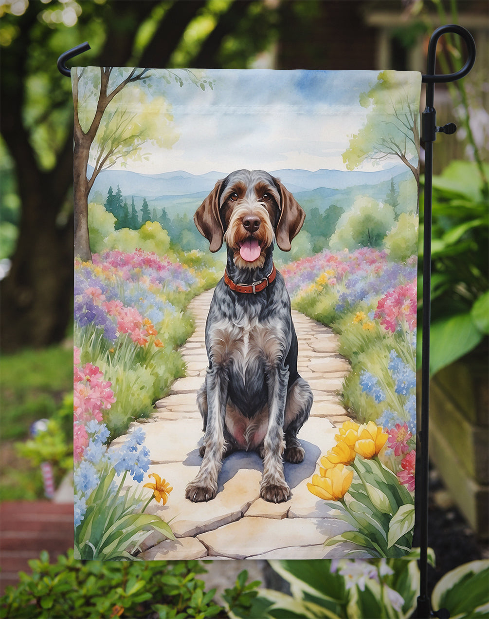 German Wirehaired Pointer Spring Path Garden Flag  – Dog-Themed Floral Outdoor Decor
