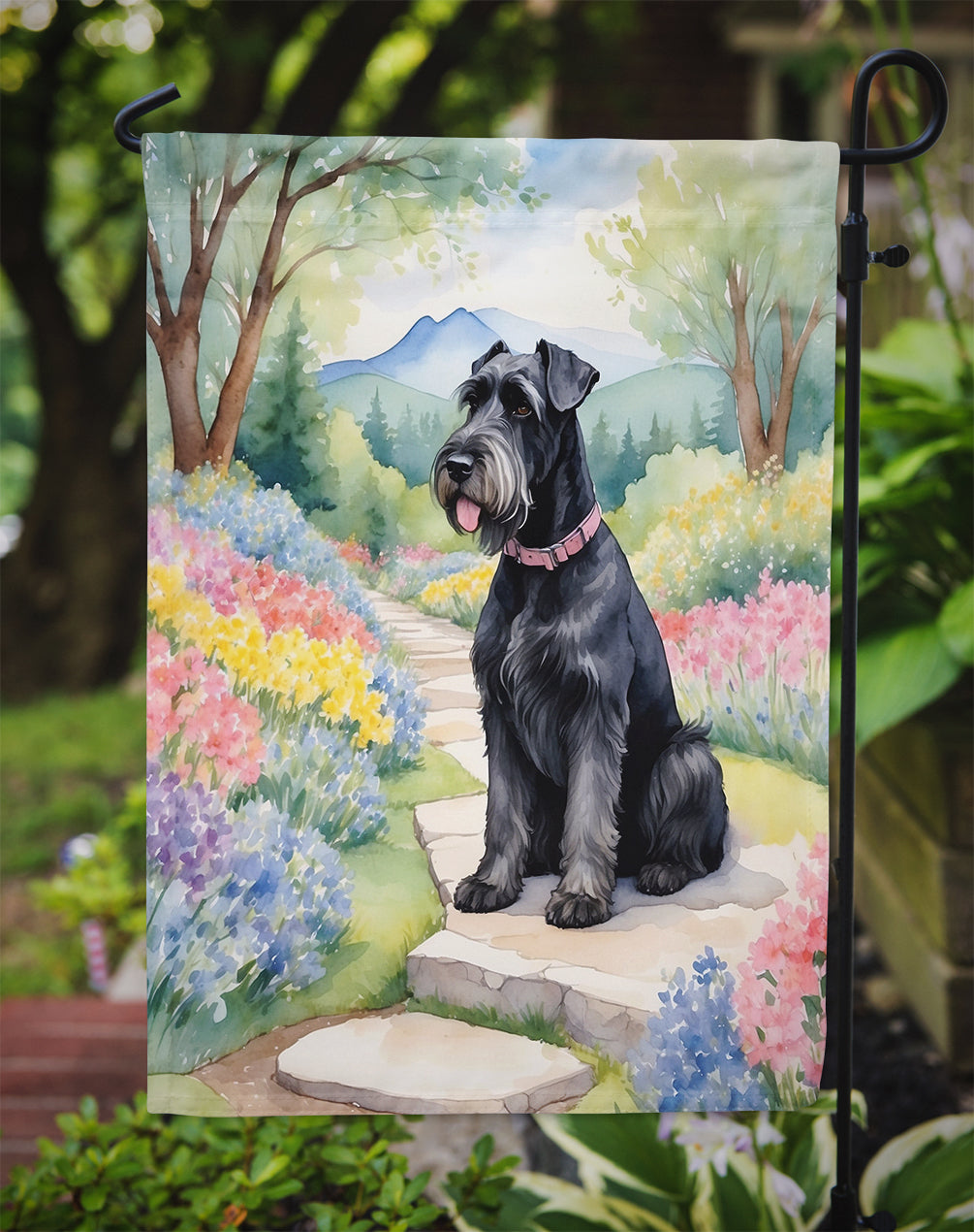 Giant Schnauzer Spring Path Garden Flag  – Dog-Themed Floral Outdoor Decor
