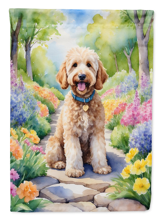 Goldendoodle Spring Path Garden Flag  – Dog-Themed Floral Outdoor Decor