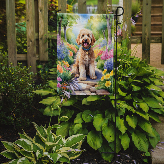 Goldendoodle Spring Path Garden Flag  – Dog-Themed Floral Outdoor Decor