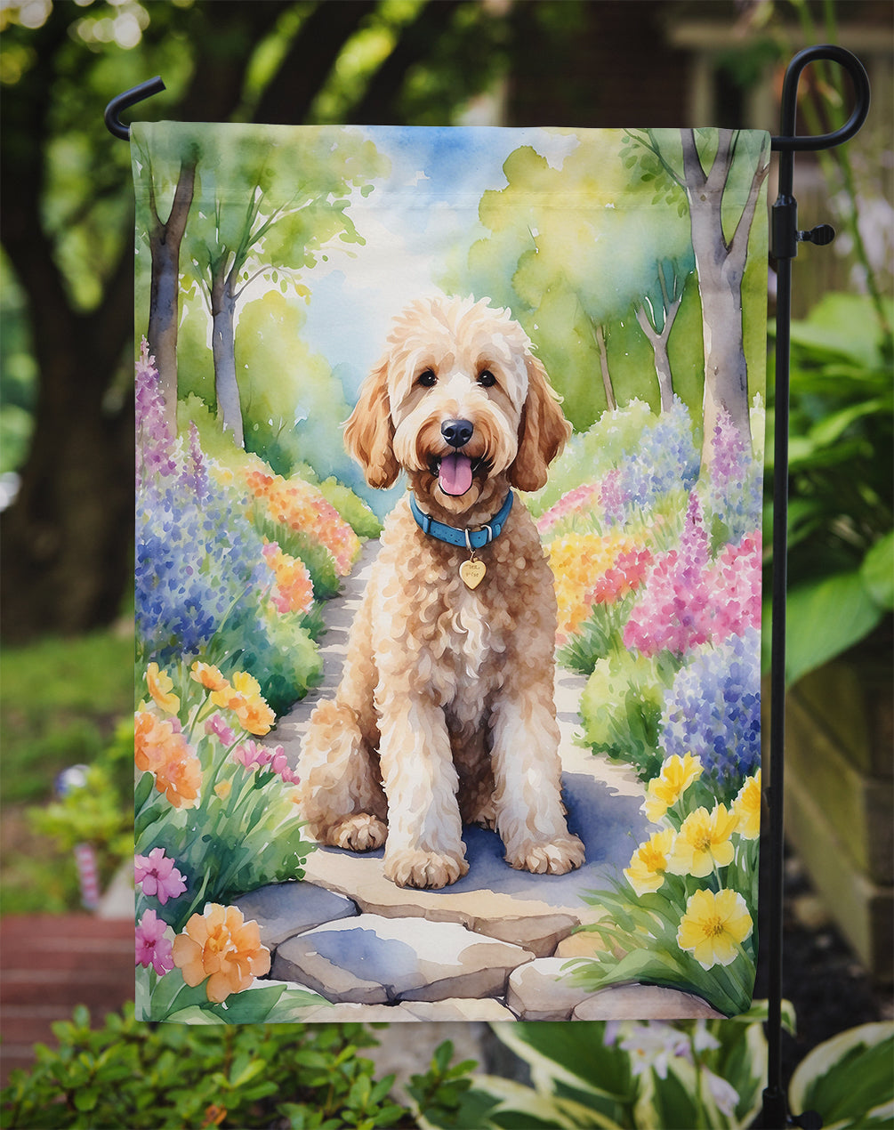 Goldendoodle Spring Path Garden Flag  – Dog-Themed Floral Outdoor Decor